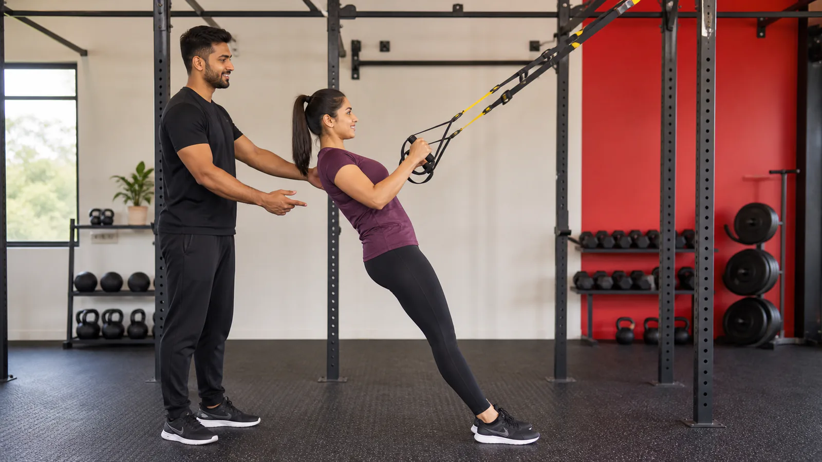 Coach teaching a suspension training exercise