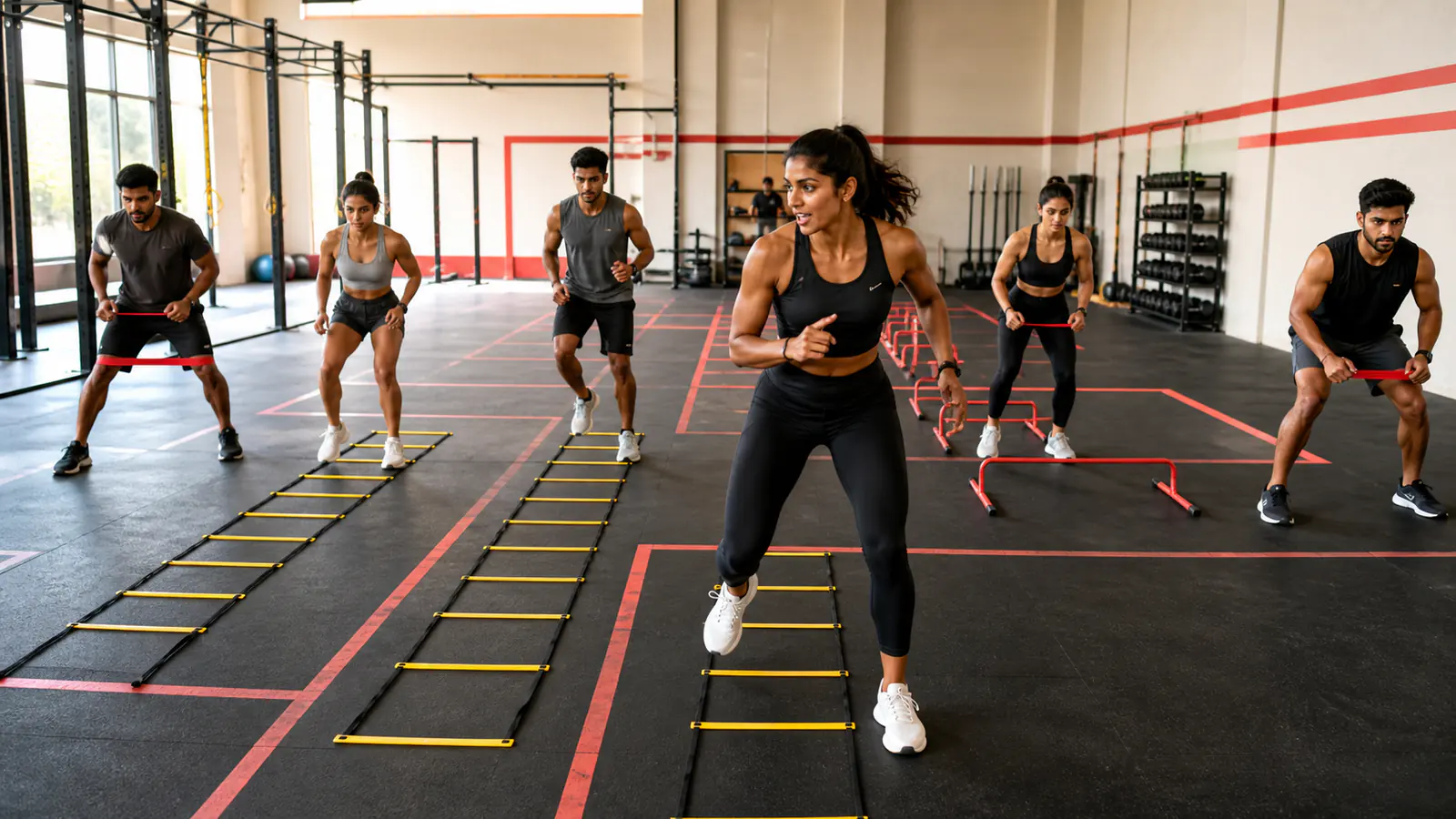 Group completing an athletic gym circuit